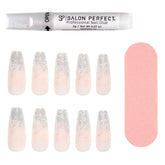 A front view of Salon Perfect Flash Silver Ombre Artificial Nail Set with nail file and proffesional nail glue out of packaging